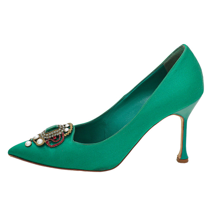 Manolo Blahnik Green Satin Eufrasia Pump 38