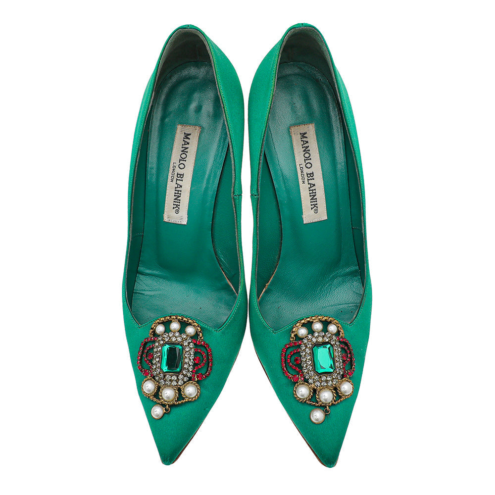 Manolo Blahnik Green Satin Eufrasia Pump 38