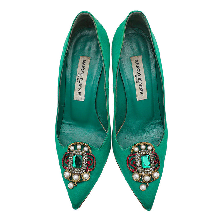 Manolo Blahnik Green Satin Eufrasia Pump 38