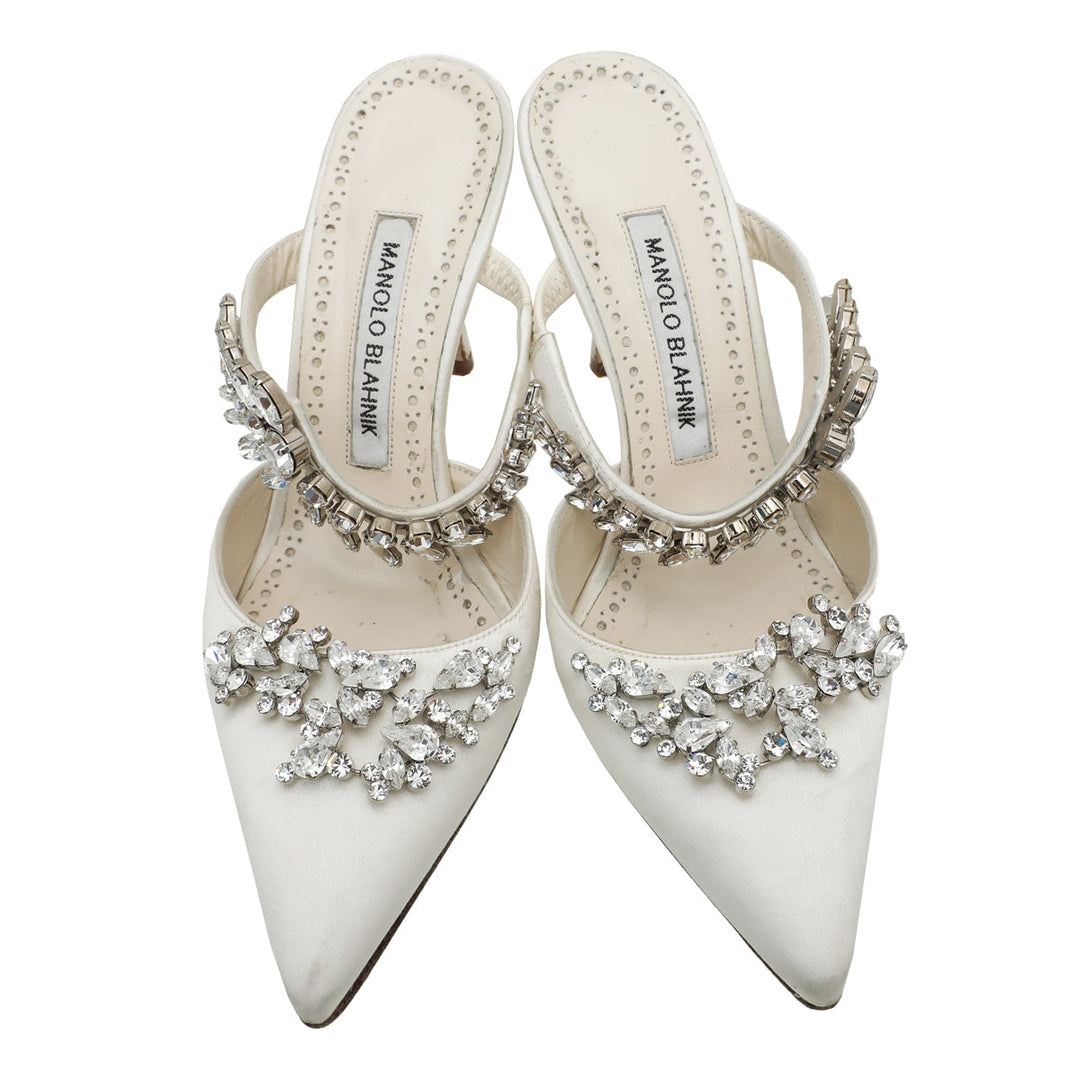 Manolo Blahnik White Satin Lurum Mules 36.5