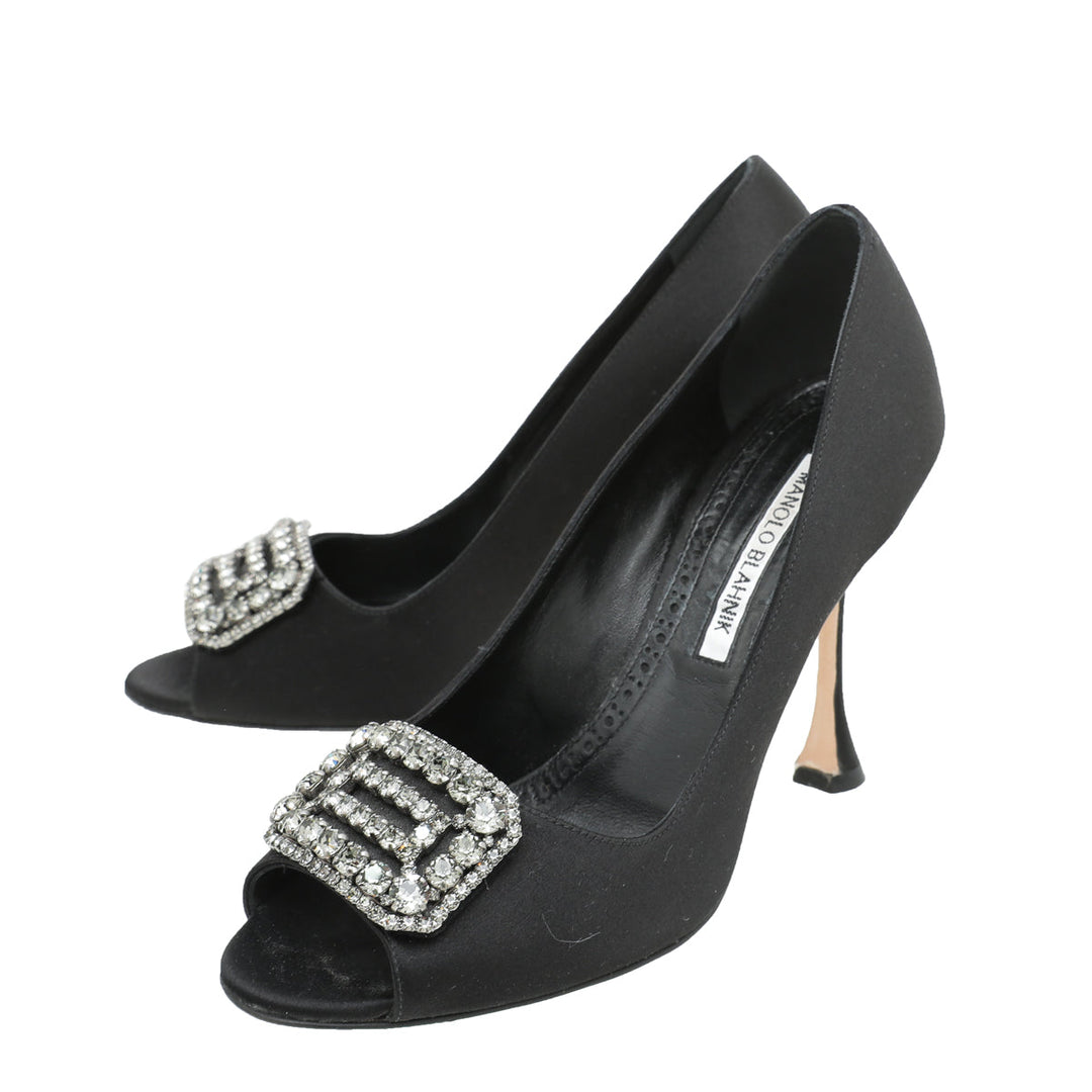Manolo Blahnik Black Satin Matik Peep Toe Pump 37
