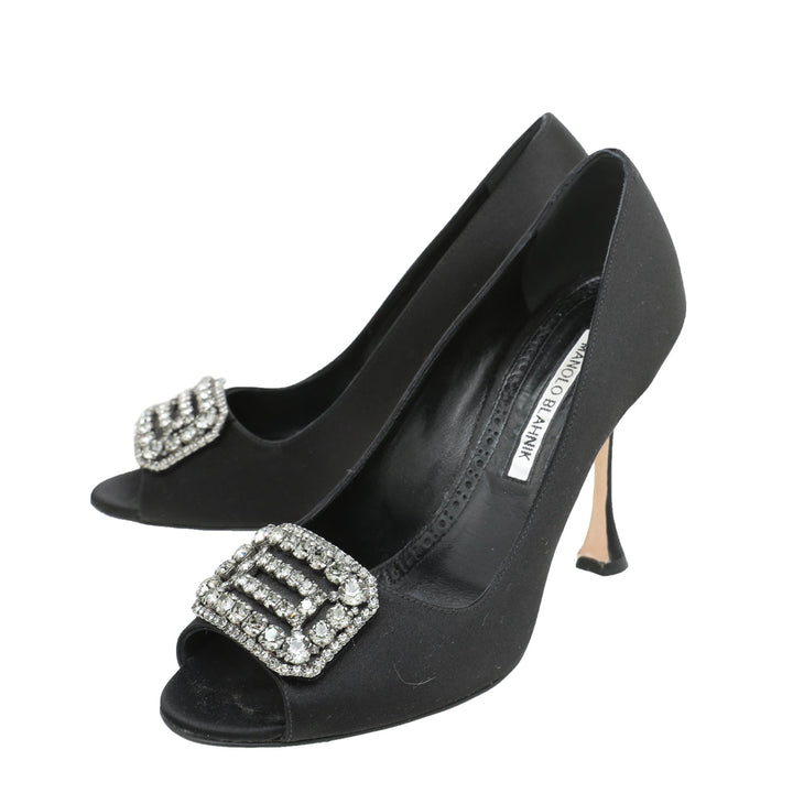 Manolo Blahnik Black Satin Matik Peep Toe Pump 37