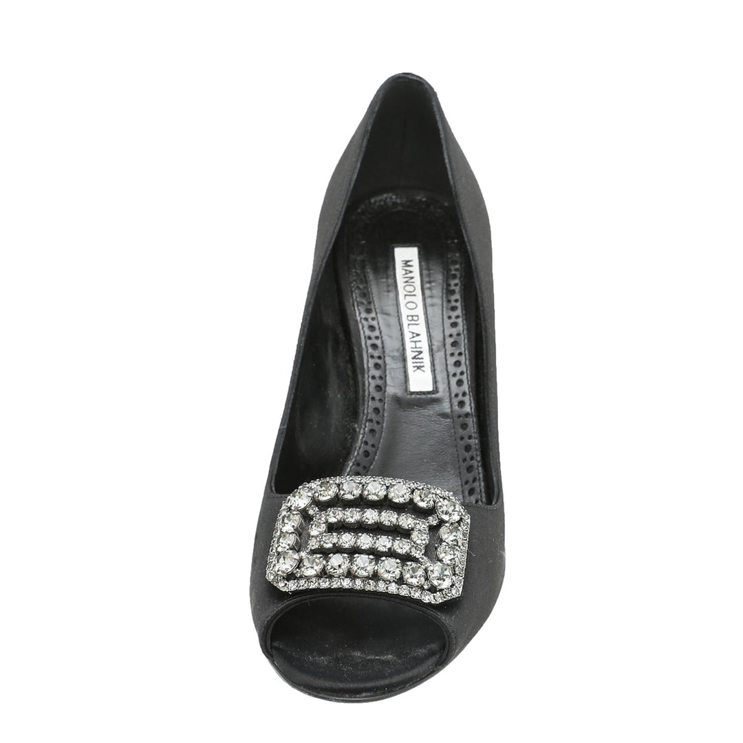 Manolo Blahnik Black Satin Matik Peep Toe Pump 37