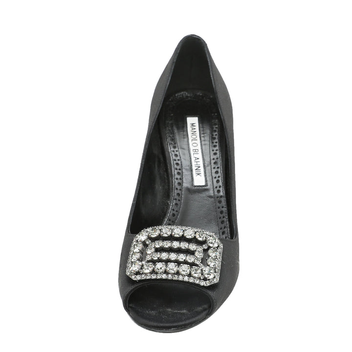 Manolo Blahnik Black Satin Matik Peep Toe Pump 37