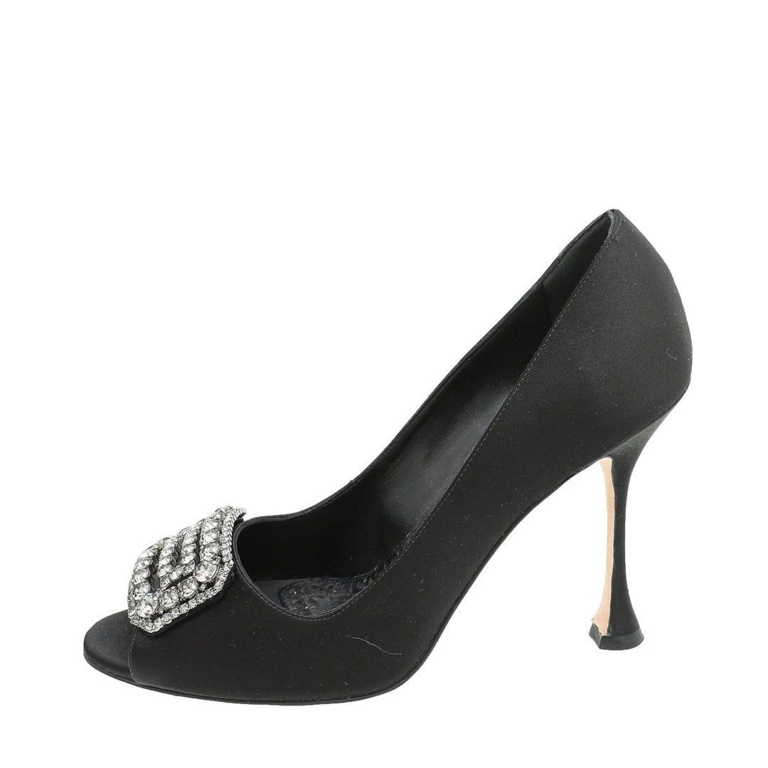 Manolo Blahnik Black Satin Matik Peep Toe Pump 37