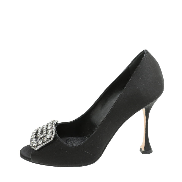 Manolo Blahnik Black Satin Matik Peep Toe Pump 37