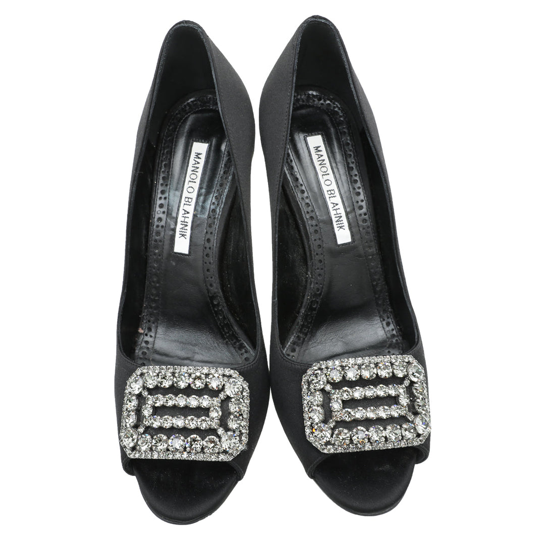 Manolo Blahnik Black Satin Matik Peep Toe Pump 37