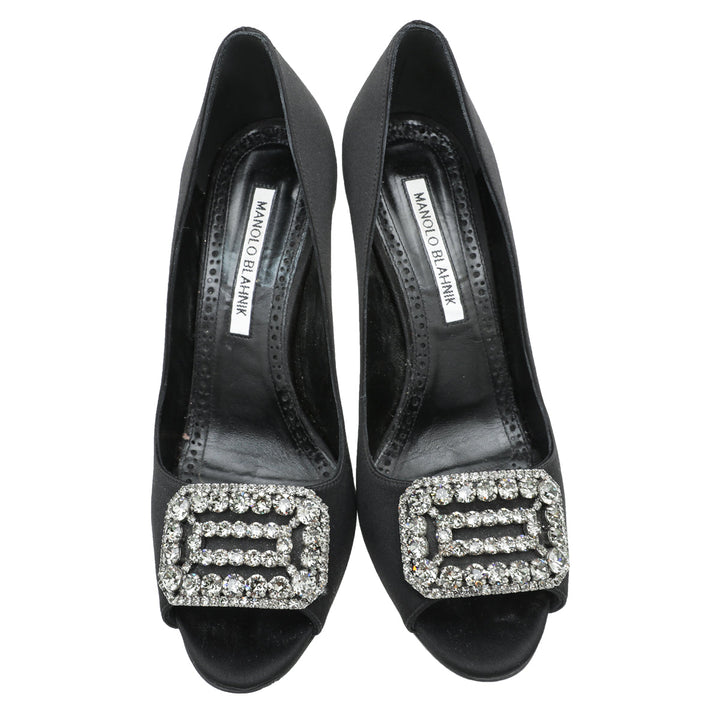 Manolo Blahnik Black Satin Matik Peep Toe Pump 37