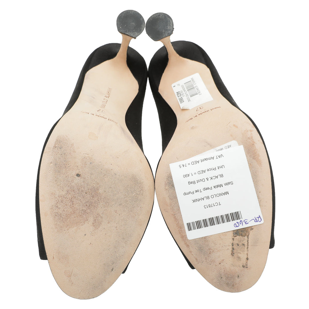 Manolo Blahnik Black Satin Matik Peep Toe Pump 37
