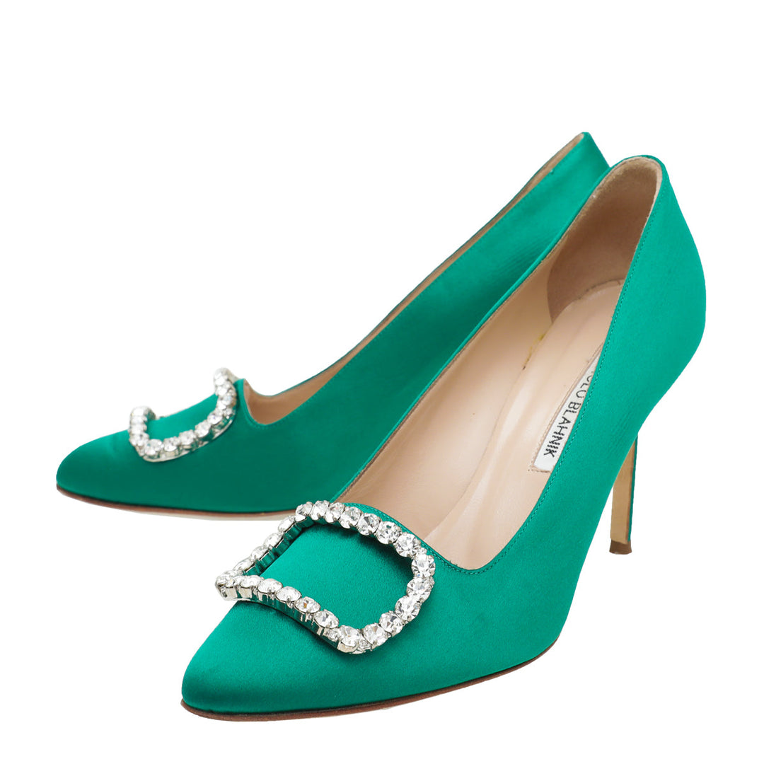 Manolo Blahnik Emerald Green Satin Olek Crystal Pumps 38