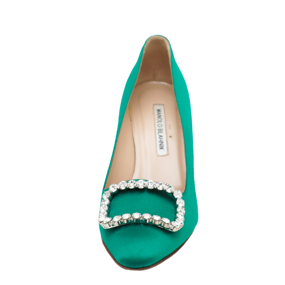 Manolo Blahnik Emerald Green Satin Olek Crystal Pumps 38