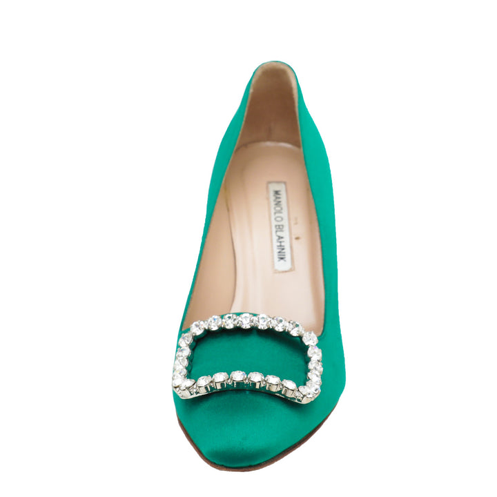 Manolo Blahnik Emerald Green Satin Olek Crystal Pumps 38