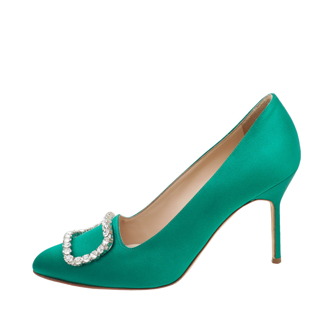 Manolo Blahnik Emerald Green Satin Olek Crystal Pumps 38