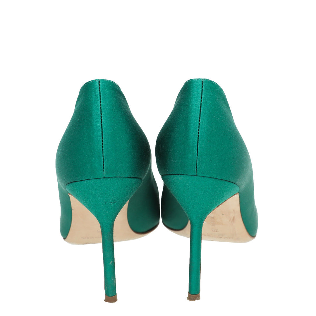 Manolo Blahnik Emerald Green Satin Olek Crystal Pumps 38