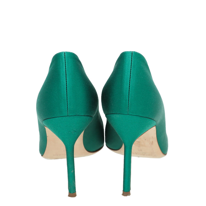 Manolo Blahnik Emerald Green Satin Olek Crystal Pumps 38