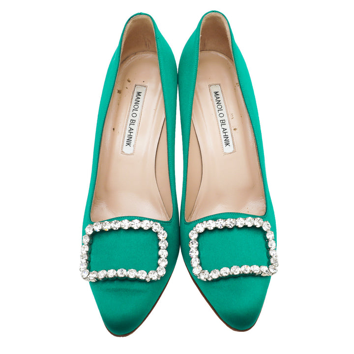 Manolo Blahnik Emerald Green Satin Olek Crystal Pumps 38