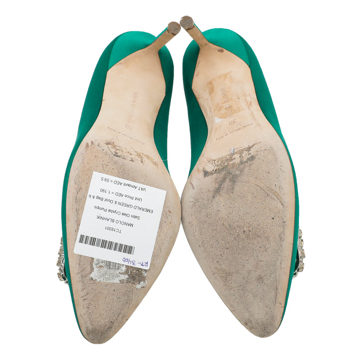 Manolo Blahnik Emerald Green Satin Olek Crystal Pumps 38