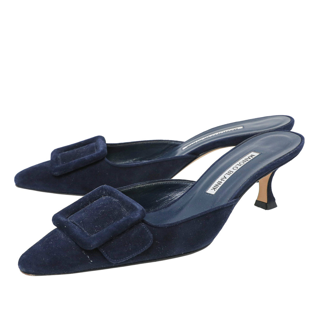 Manolo Blahnik Navy Blue Suede Maysale Kitten Mules 37.5