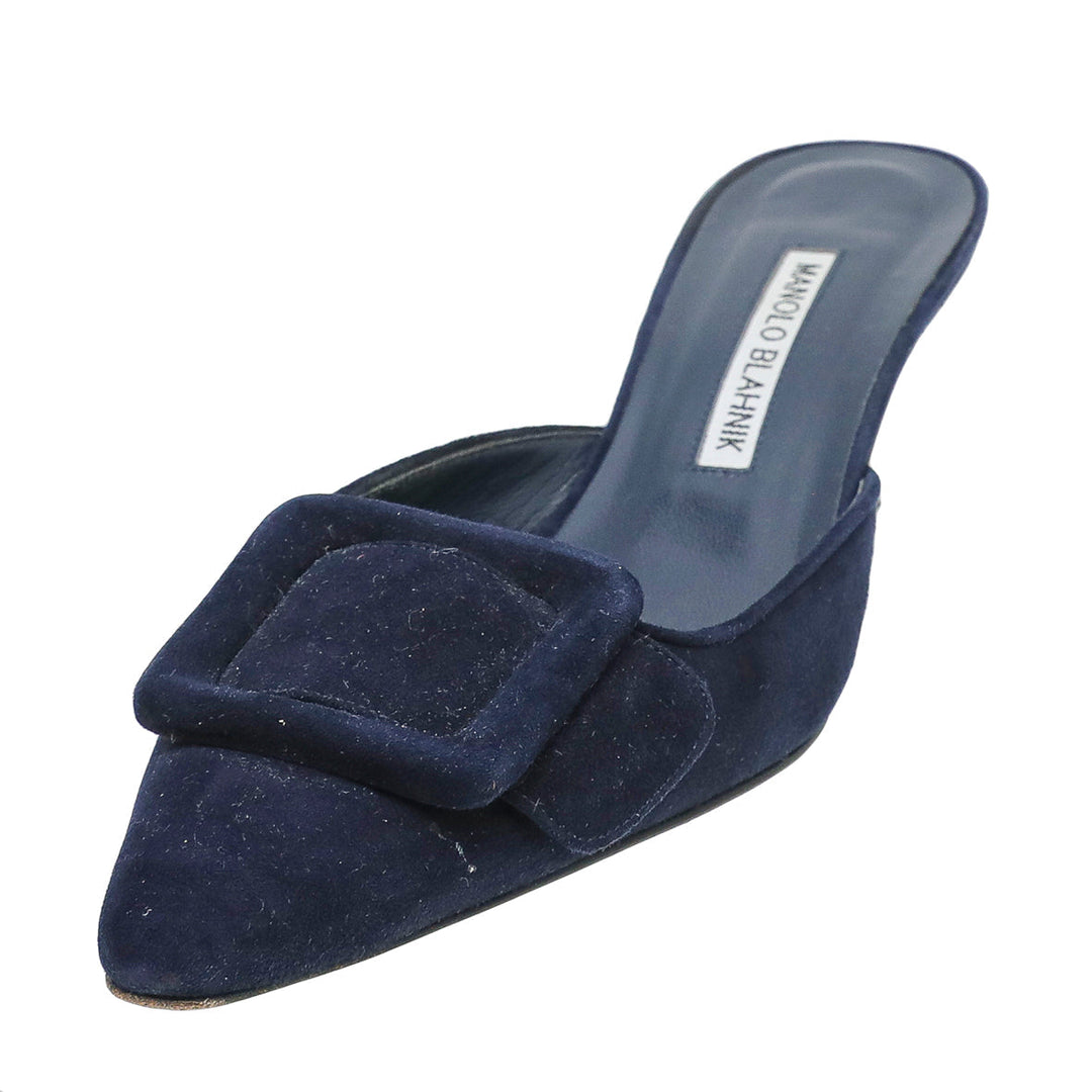 Manolo Blahnik Navy Blue Suede Maysale Kitten Mules 37.5