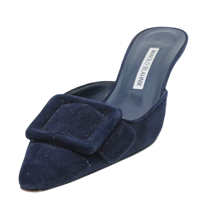 Manolo Blahnik Navy Blue Suede Maysale Kitten Mules 37.5