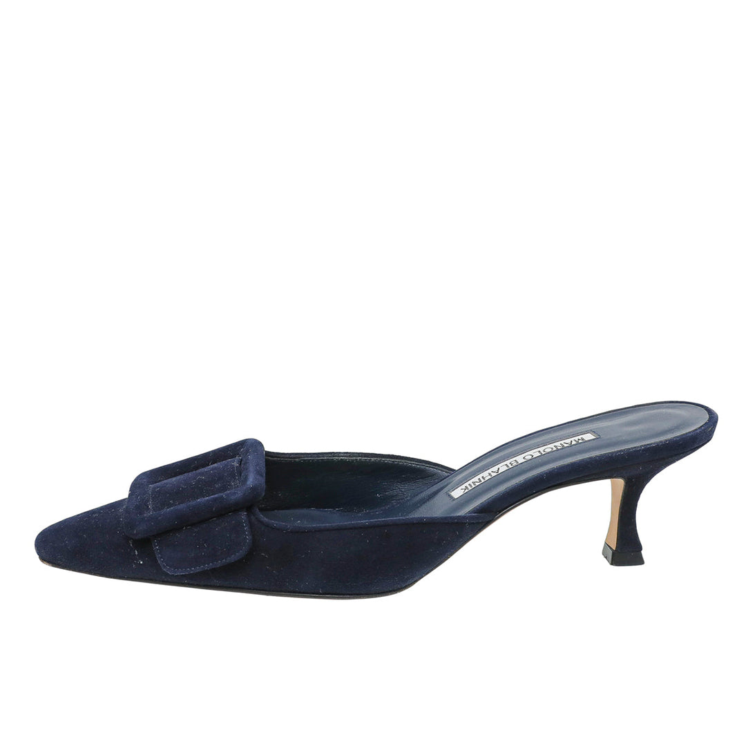Manolo Blahnik Navy Blue Suede Maysale Kitten Mules 37.5