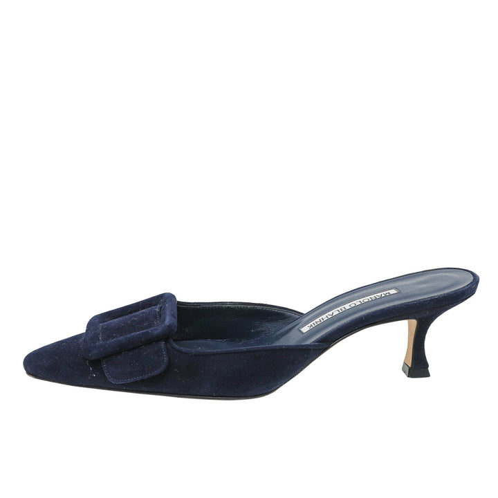 Manolo Blahnik Navy Blue Suede Maysale Kitten Mules 37.5