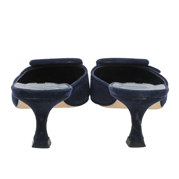 Manolo Blahnik Navy Blue Suede Maysale Kitten Mules 37.5