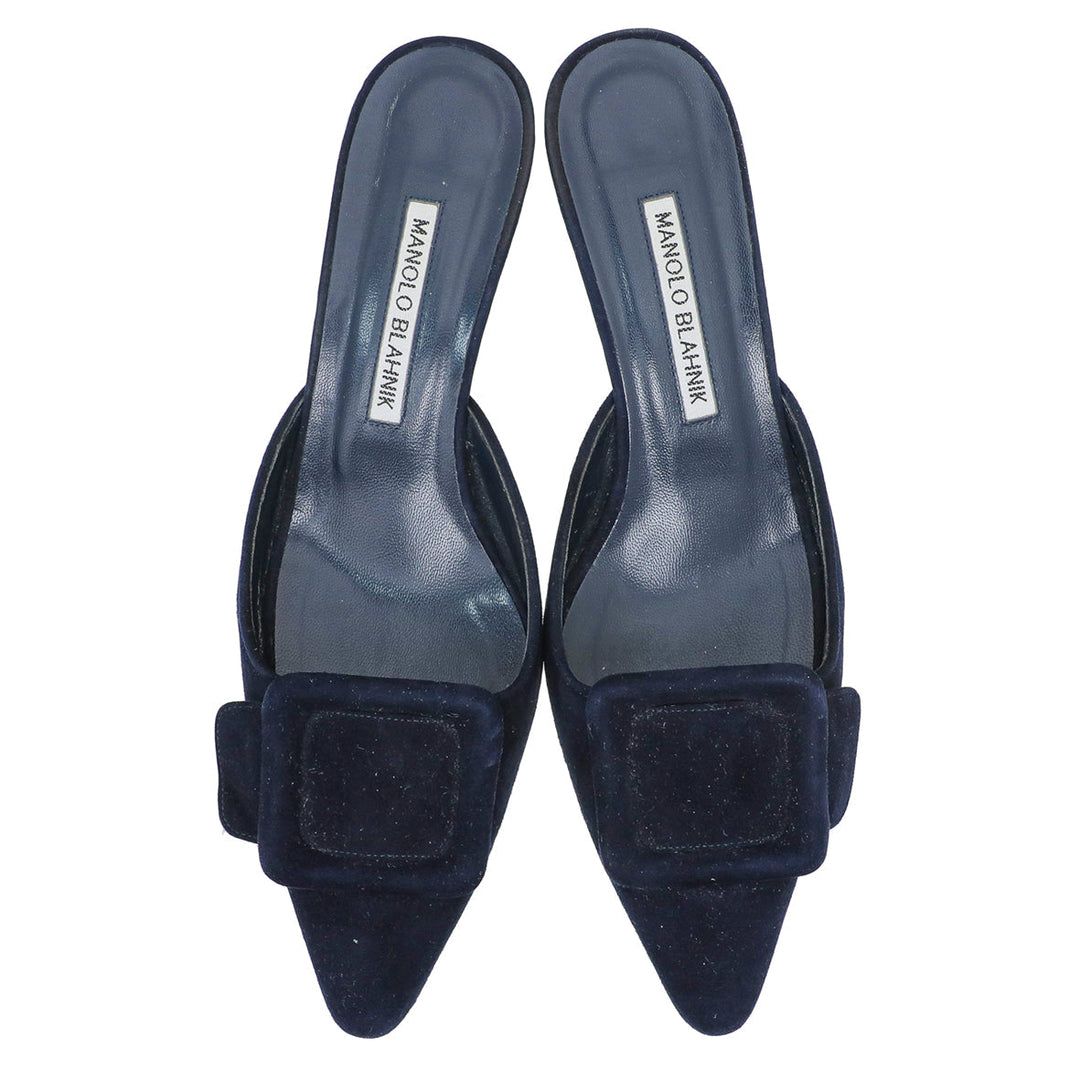 Manolo Blahnik Navy Blue Suede Maysale Kitten Mules 37.5