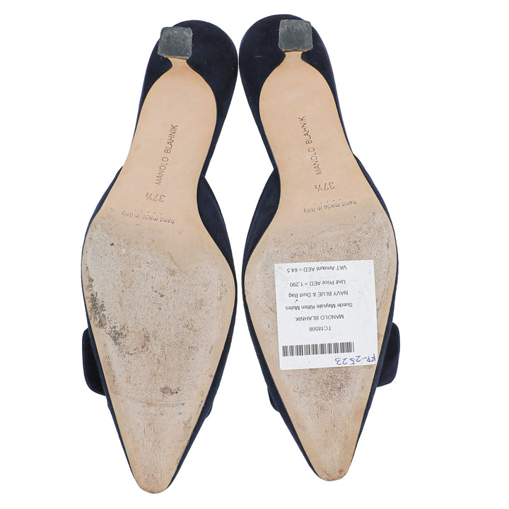 Manolo Blahnik Navy Blue Suede Maysale Kitten Mules 37.5