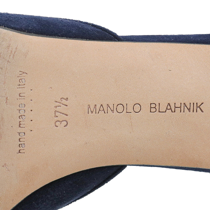 Manolo Blahnik Navy Blue Suede Maysale Kitten Mules 37.5