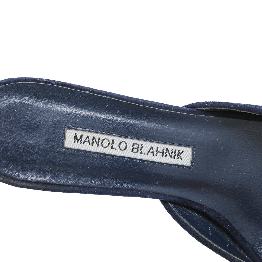 Manolo Blahnik Navy Blue Suede Maysale Kitten Mules 37.5