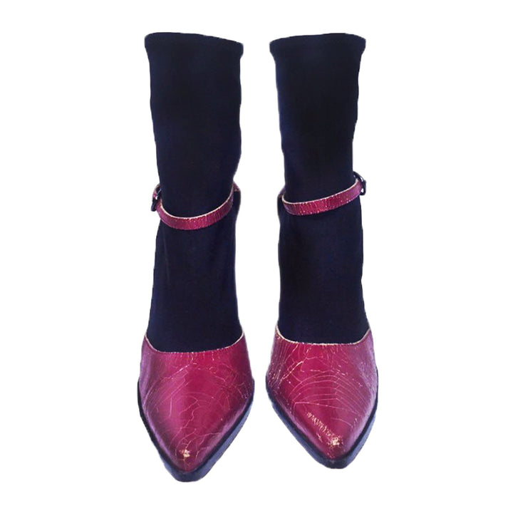 MIU MIU Distressed Red Leather Point Toe Heels with Black Stretch Sock Boot Size 6