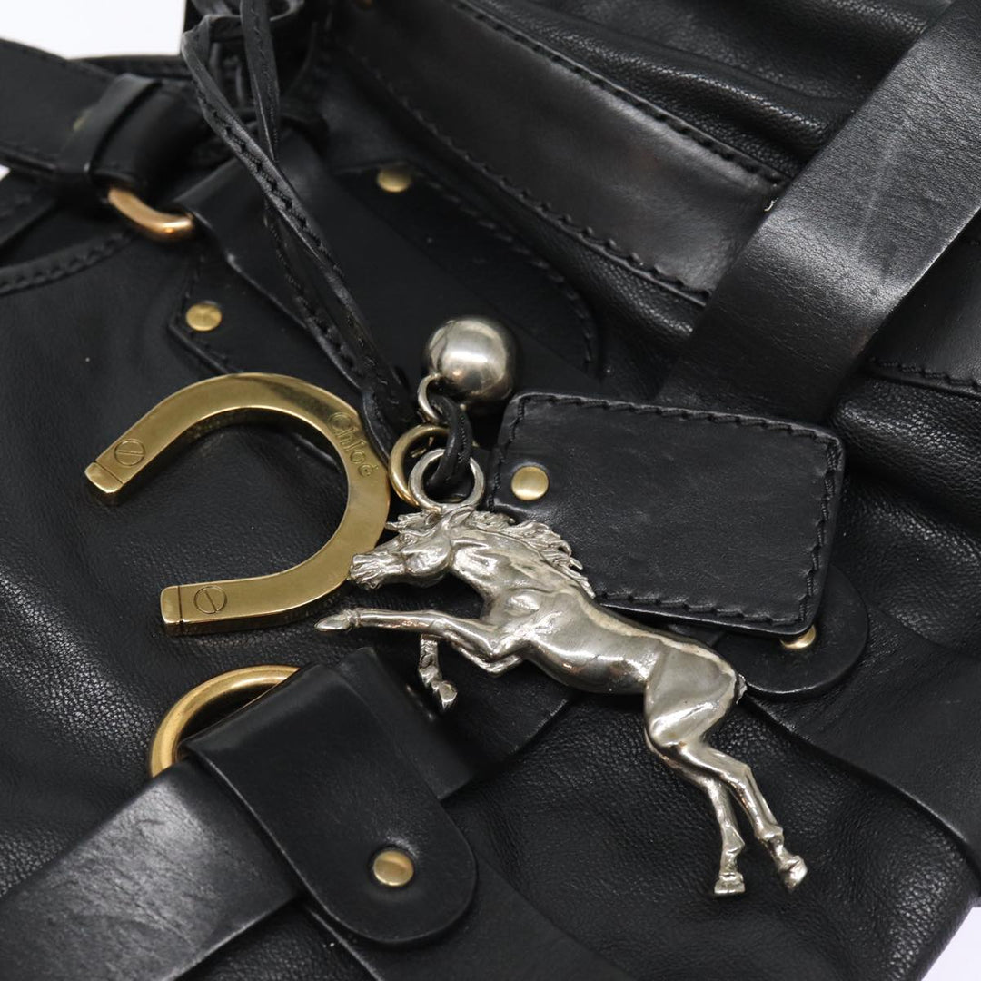 Chloe Kerala Horse Hand Bag Leather Black Gold mr416