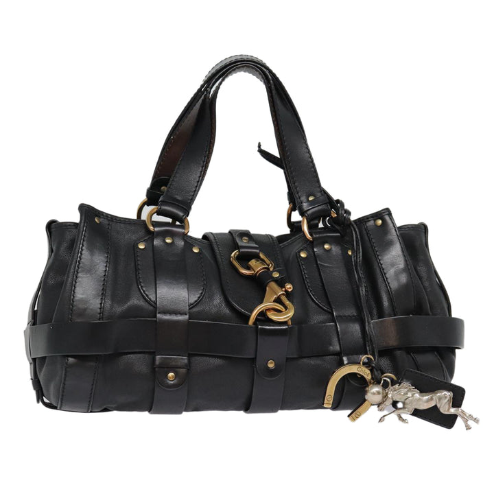 Chloe Kerala Horse Hand Bag Leather Black Gold mr416