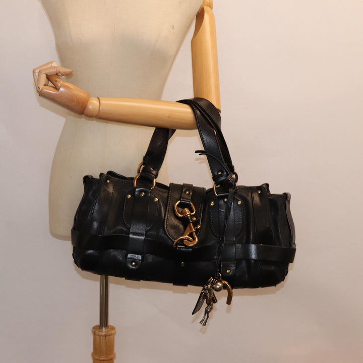 Chloe Kerala Horse Hand Bag Leather Black Gold mr416