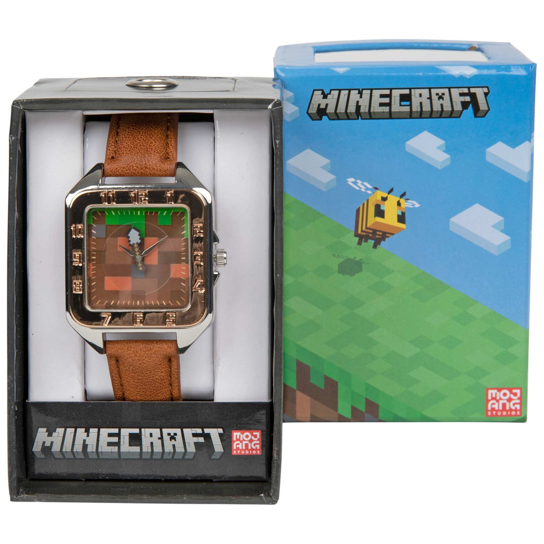 Minecraft Earth Block Watch Face with Faux Leather Wrist Band