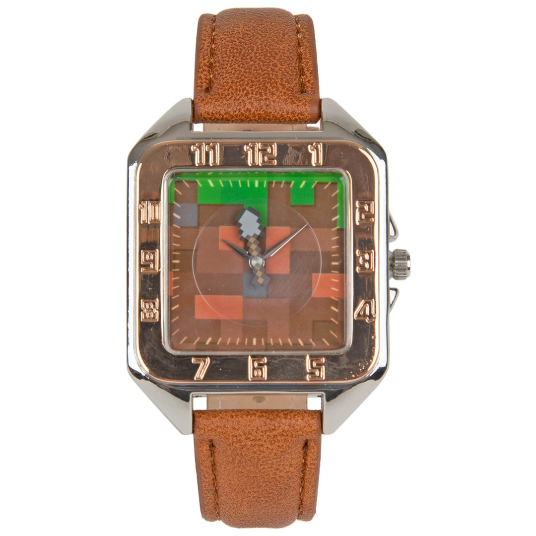 title:Minecraft Earth Block Watch Face with Faux Leather Wrist Band;color:Brown