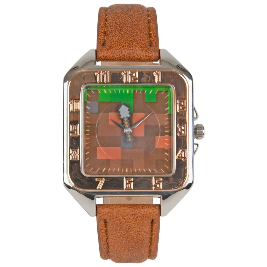 title:Minecraft Earth Block Watch Face with Faux Leather Wrist Band;color:Brown