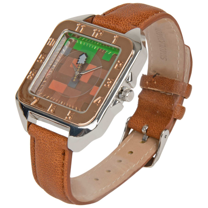 Minecraft Earth Block Watch Face with Faux Leather Wrist Band