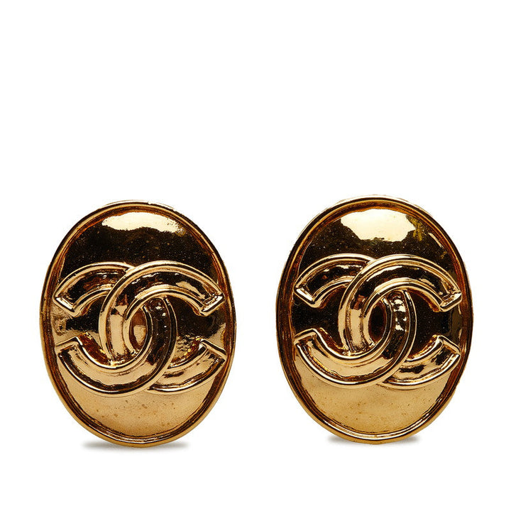 Top Quality Chanel Coco Mark Oval Earrings Gold Plated Women's