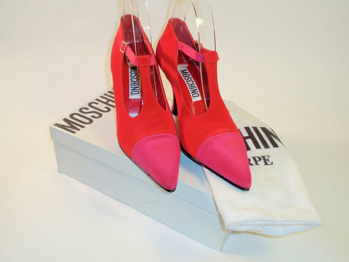 MOSCHINO Red and Pink T-Strap High Heel Shoes with Dust Bag Size 7 1/2
