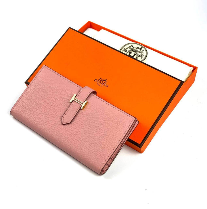 Hermes PINK Bearn Compact Wallet, Epsom Etoupe and Gold Hardware