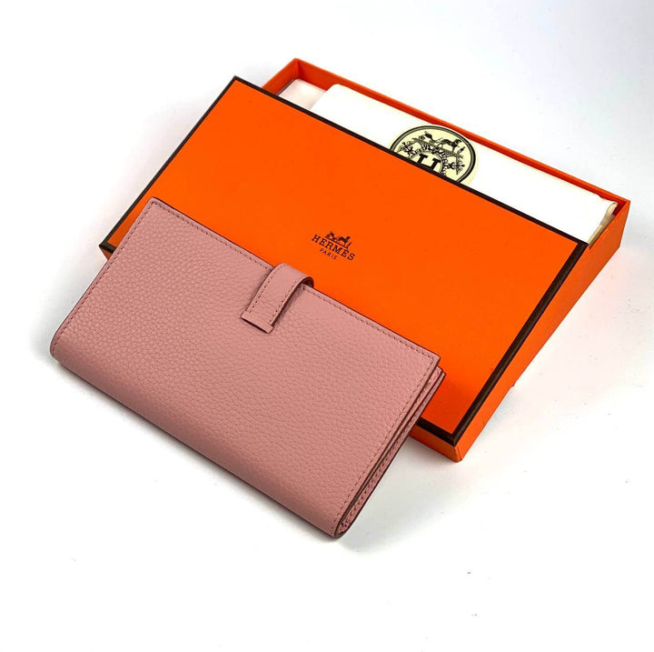 Hermes PINK Bearn Compact Wallet, Epsom Etoupe and Gold Hardware