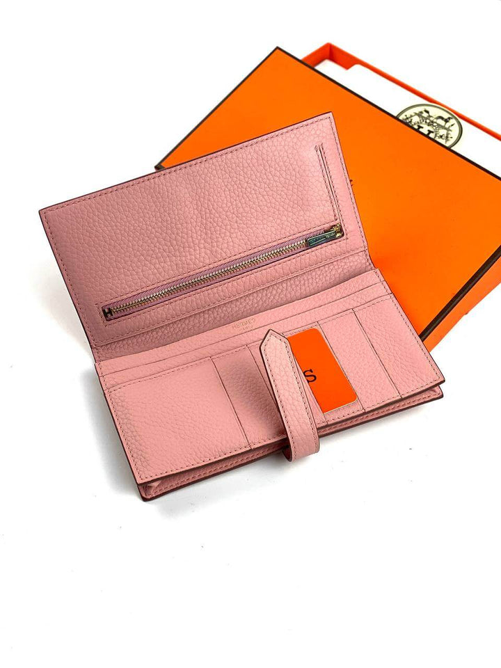 Hermes PINK Bearn Compact Wallet, Epsom Etoupe and Gold Hardware