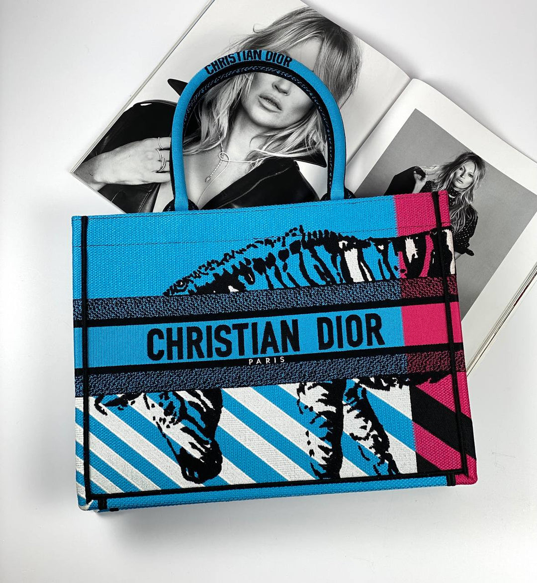 MEDIUM Top quality Dior BOOK TOTE Bright Blue and Bright Pink D-Jungle