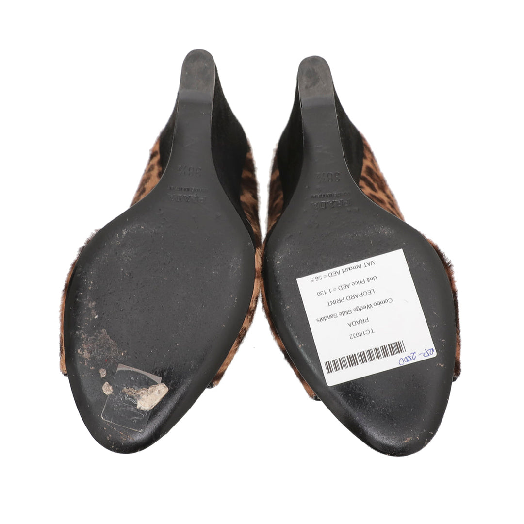 Prada Leopard Print Combo Wedge Slide Sandals 38.5