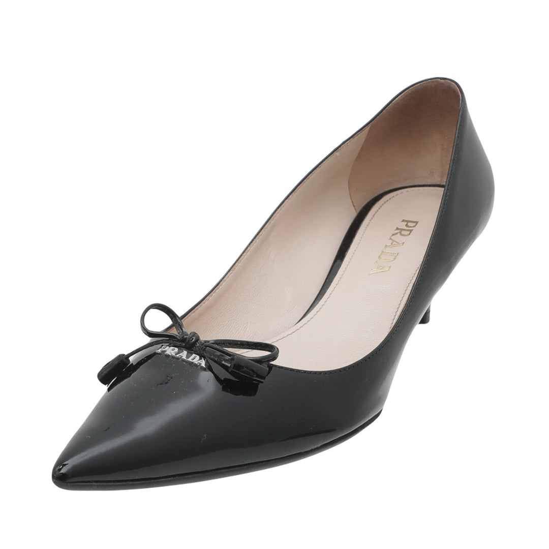 Prada Black Pointed Bow Low Heels Pumps 38.5