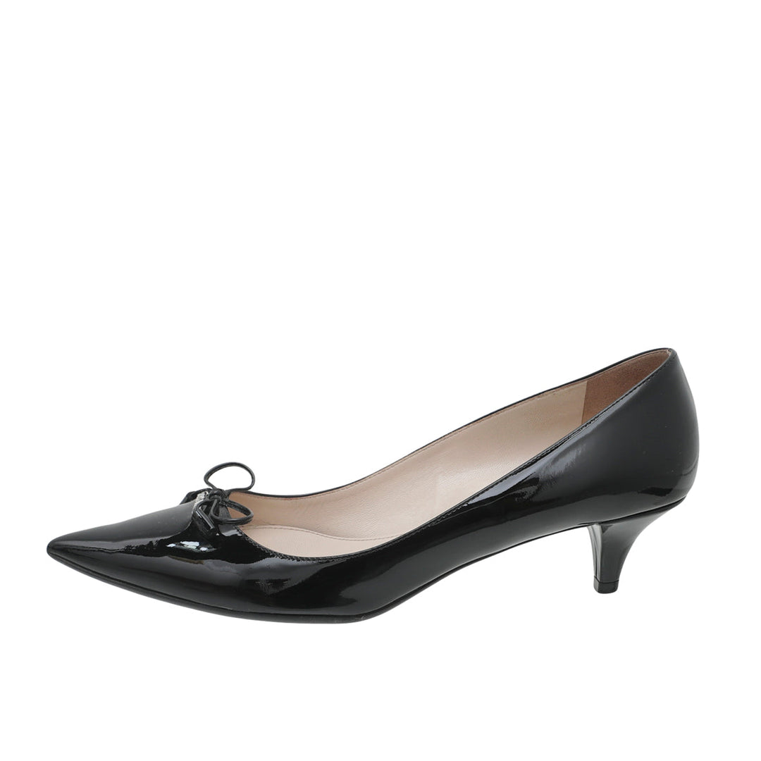 Prada Black Pointed Bow Low Heels Pumps 38.5