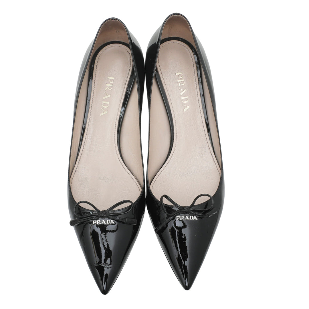 Prada Black Pointed Bow Low Heels Pumps 38.5