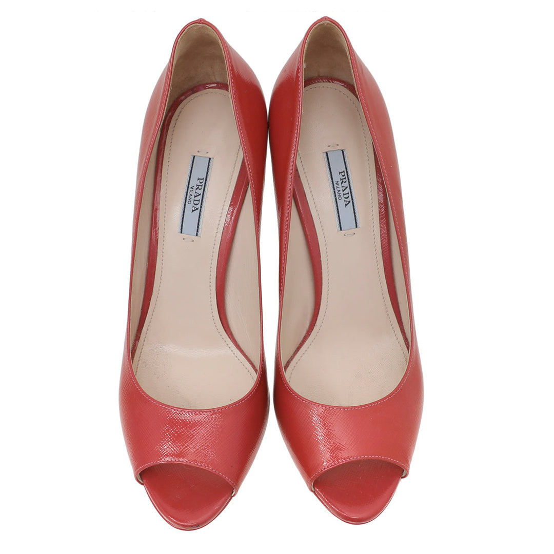Prada Coral Vernice Peep Toe Pumps 39.5